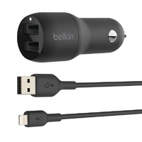 Belkin BoostCharge Dual 24W Car Charger with Lightning Cable - For Apple Devices - Black 